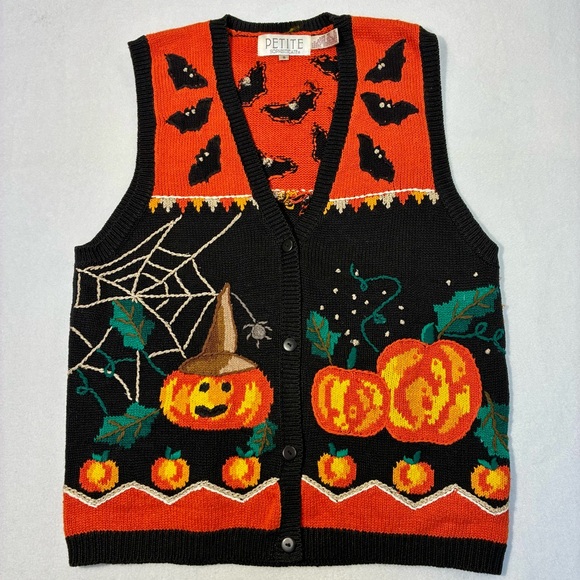 VTG Halloween Sweater Vest Small Pumpkin Ghost Spooky Embroidered Teacher Granny - Picture 1 of 10
